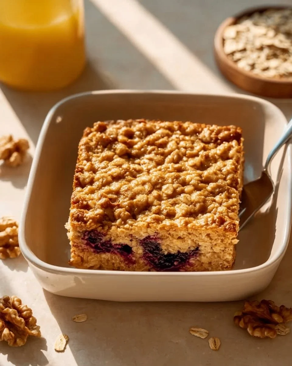 Berry baked oatmeal topped with almonds, healthy breakfast recipe