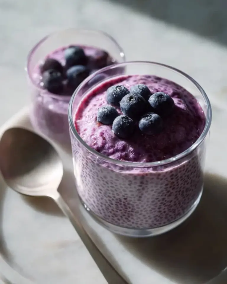 Delicious blueberry chia seed pudding topped with fresh blueberries and mint