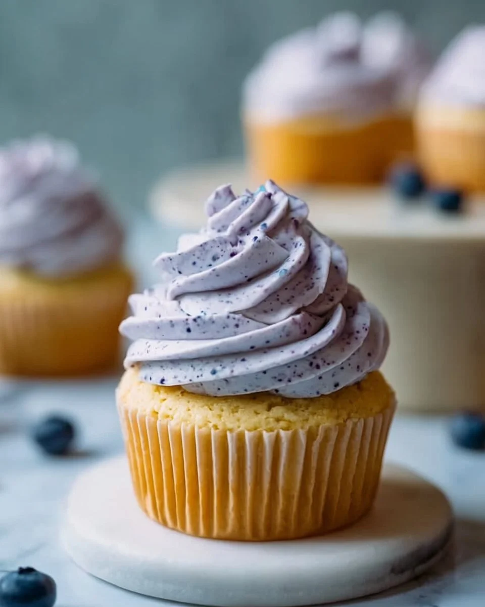 Delicious blueberry cream cheese frosting atop a cupcake