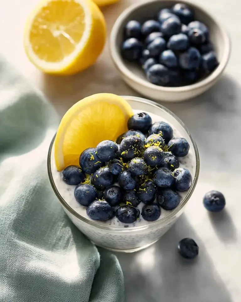 Chia pudding topped with homemade blueberry jam in a glass bowl.