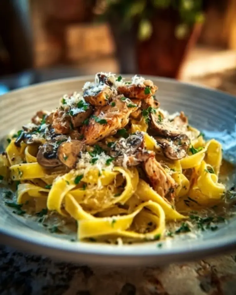 Delicious Chicken Marsala Fettuccine served with a creamy sauce and herbs.