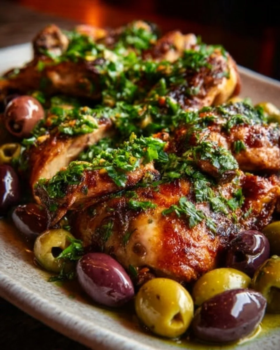 Juicy chicken quarters served with a fresh shallot and olive salad