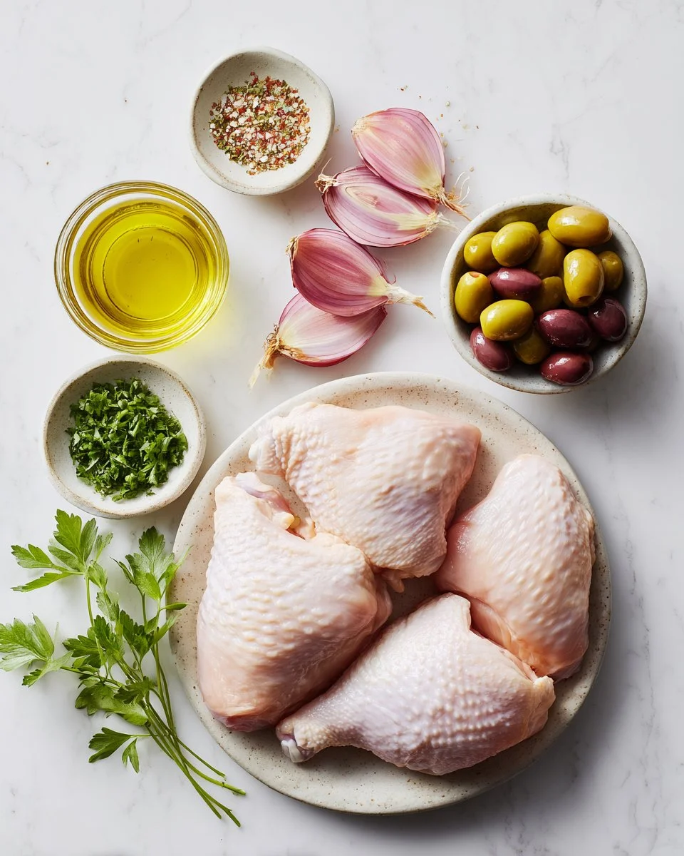 Chicken Quarters with Shallots and Olive Salad Delight