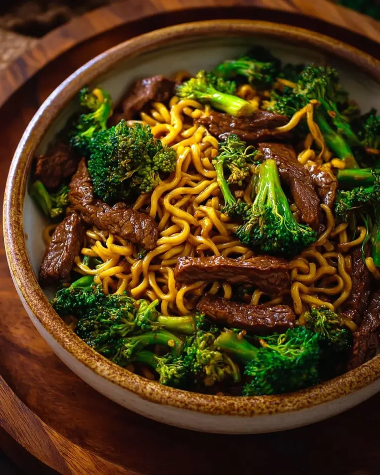 Delicious Chinese crispy beef served with broccoli and noodles on a plate