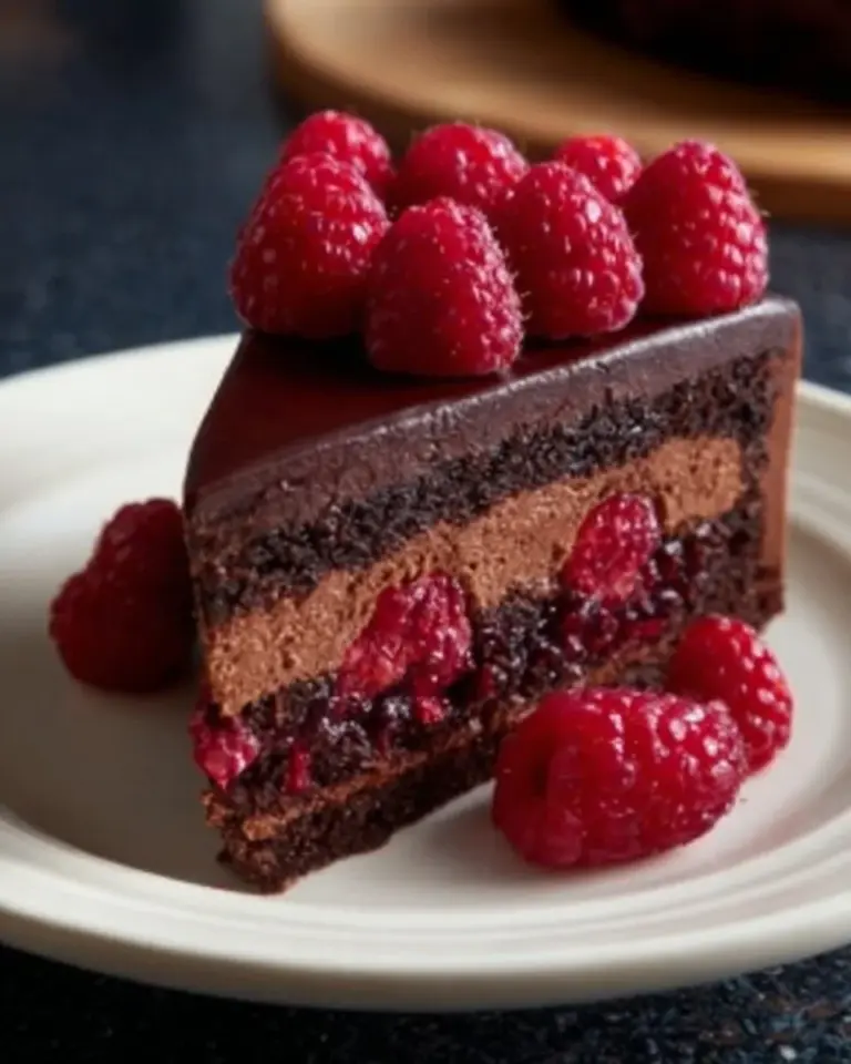 Decadent Chocolate Raspberry Mousse Cake garnished with fresh raspberries