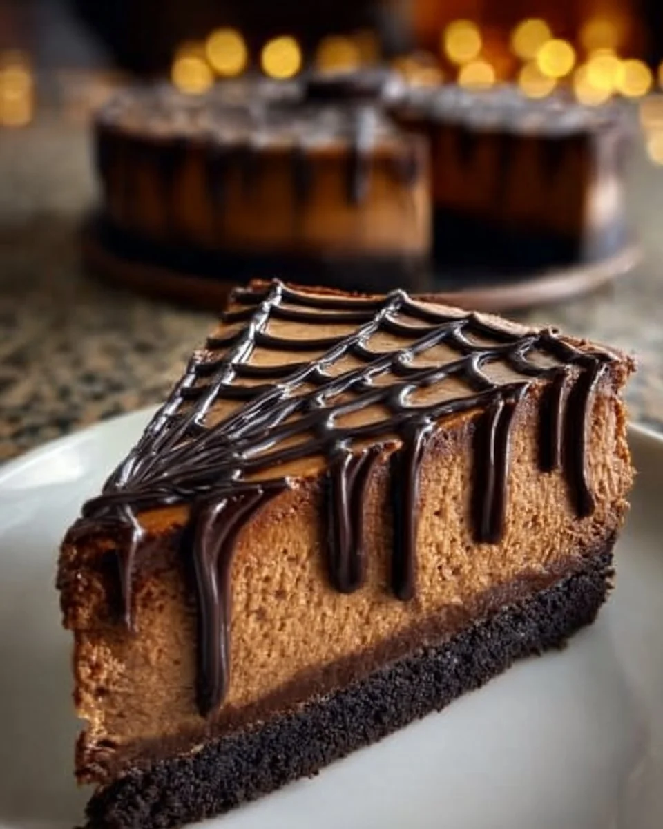 No-bake Chocolate Spiderweb Cheesecake with a beautiful spiderweb design on top.