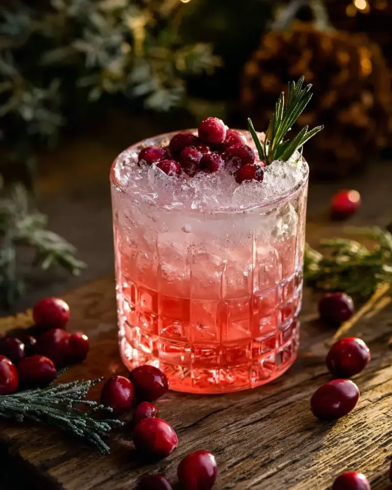 Festive Christmas Gin Fizz cocktail garnished with cranberries and rosemary