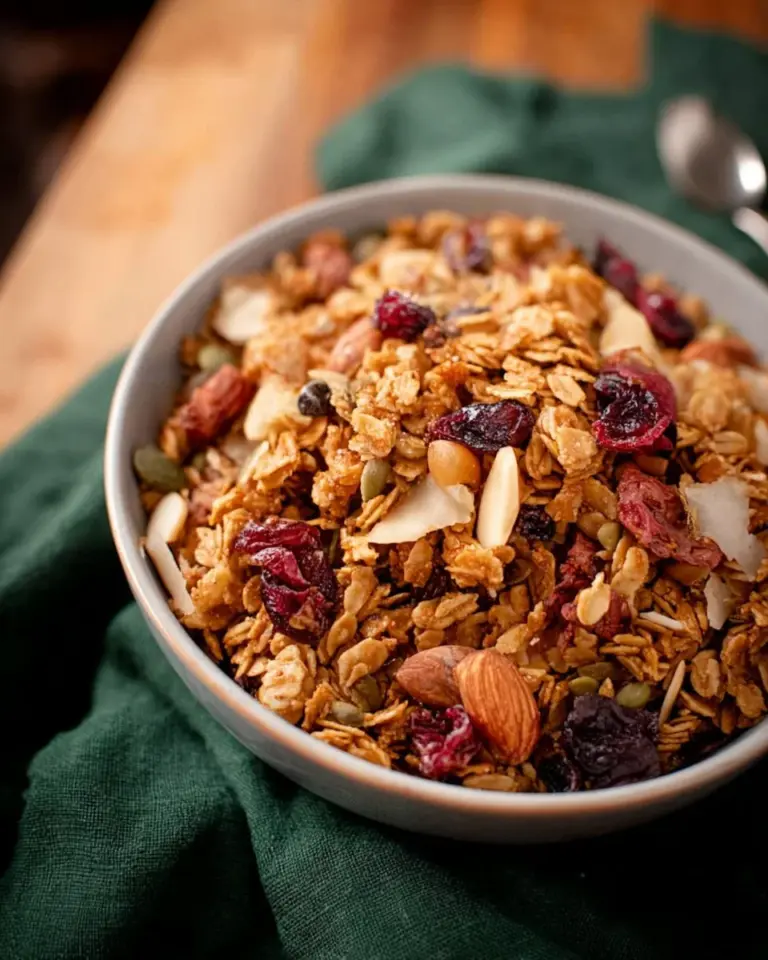 Bowl of coconut oat granola with fresh fruit and nuts