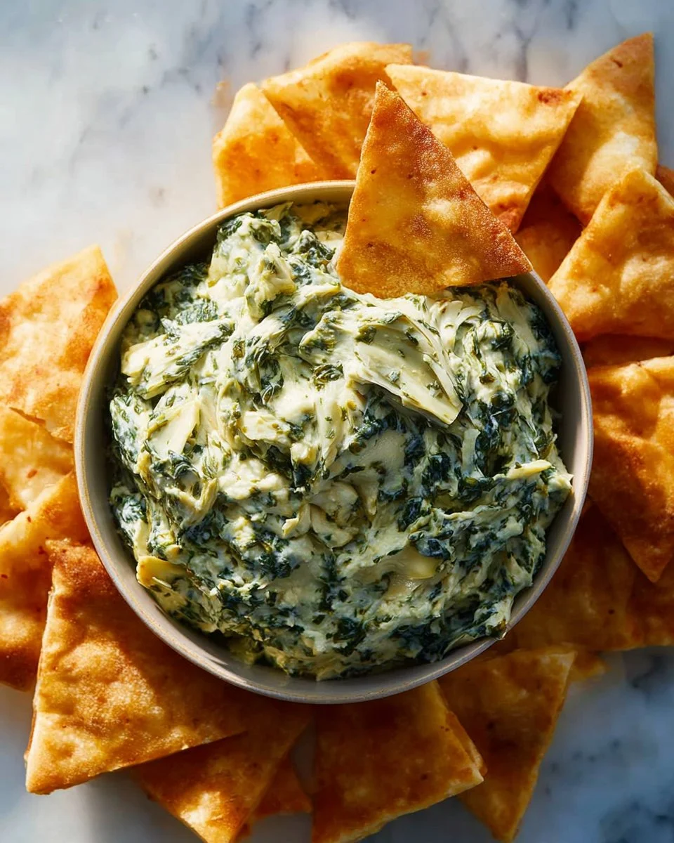 Delicious cold spinach artichoke dip served in a bowl with chips