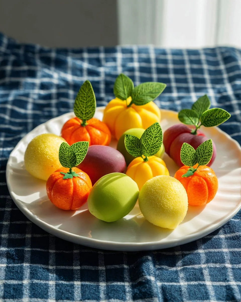 Colorful mung bean fruit shapes displayed in various forms and colors.
