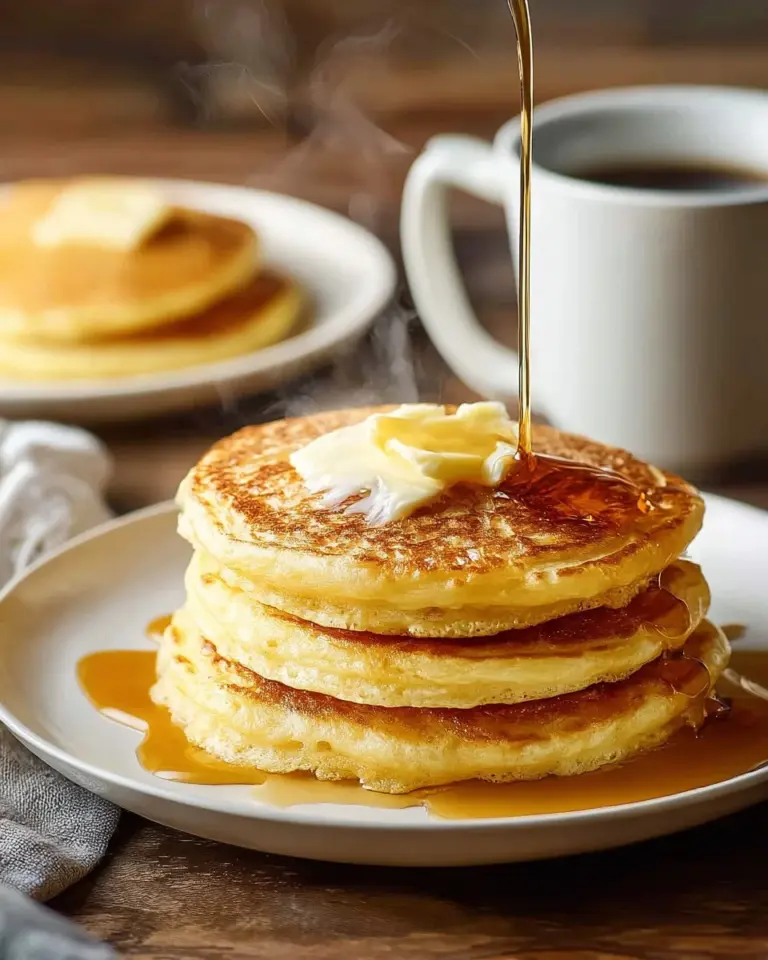 Fluffy cornmeal pancakes stacked with syrup and berries for breakfast