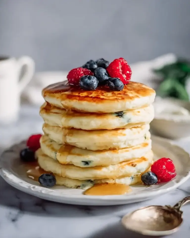 Fluffy cottage cheese pancakes served on a plate with syrup and fresh berries
