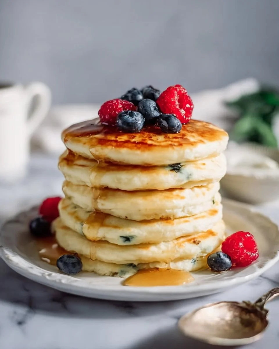 Fluffy cottage cheese pancakes served on a plate with syrup and fresh berries
