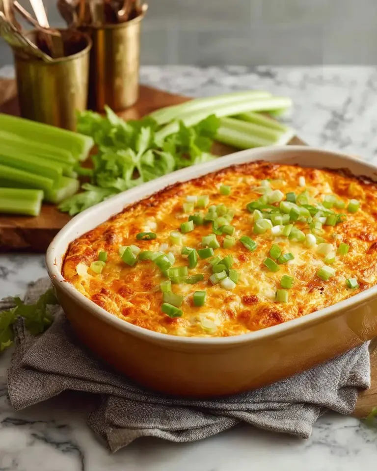 Creamy high protein buffalo chicken dip served in a bowl