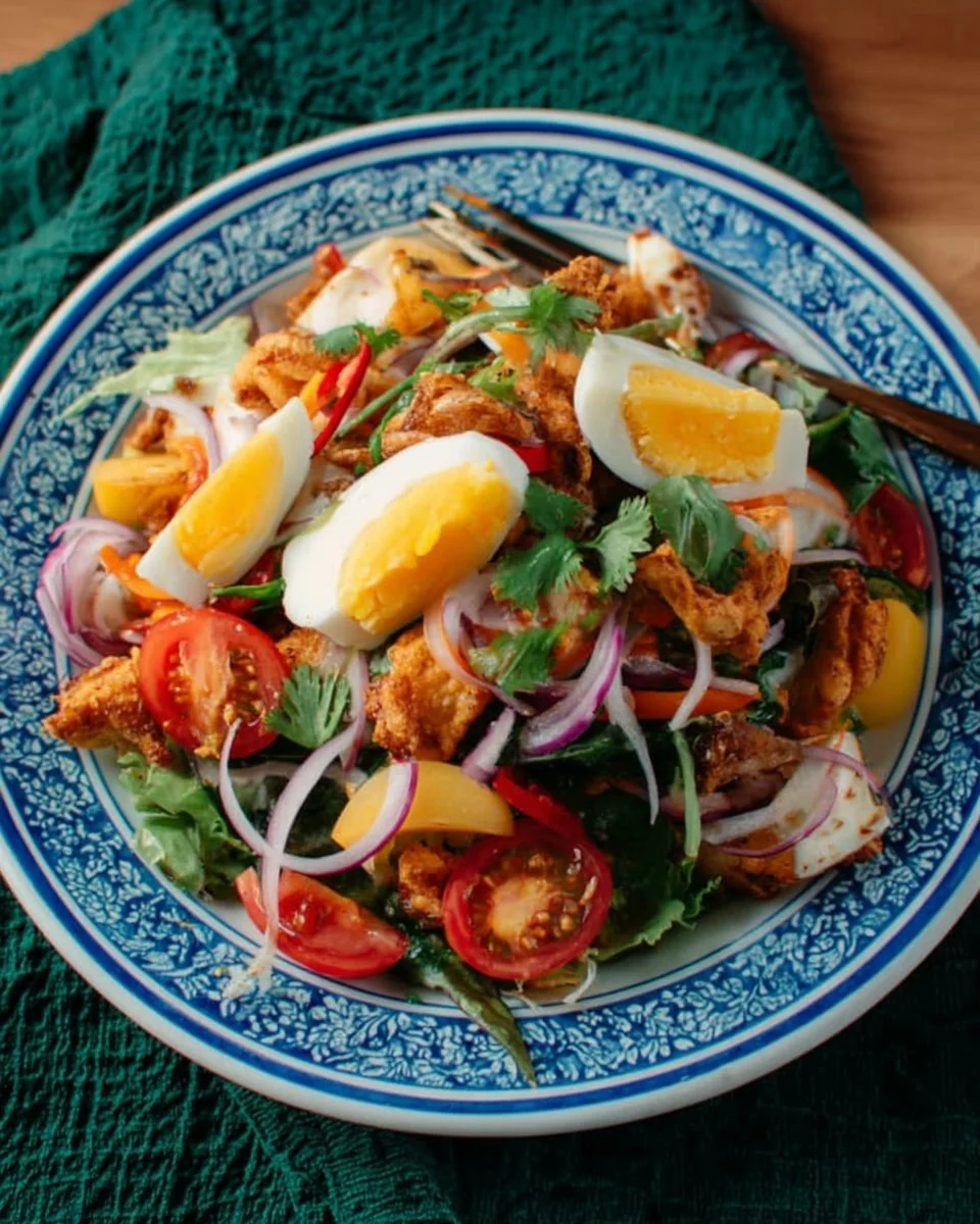 Crispy Fried Egg Salad with greens and dressing on a plate