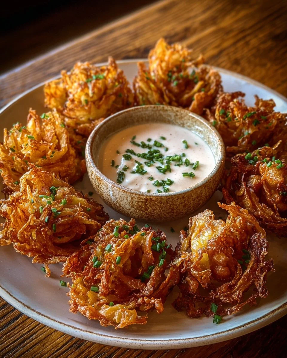 Plate of crispy mini bloomin' onions with creamy ranch dip