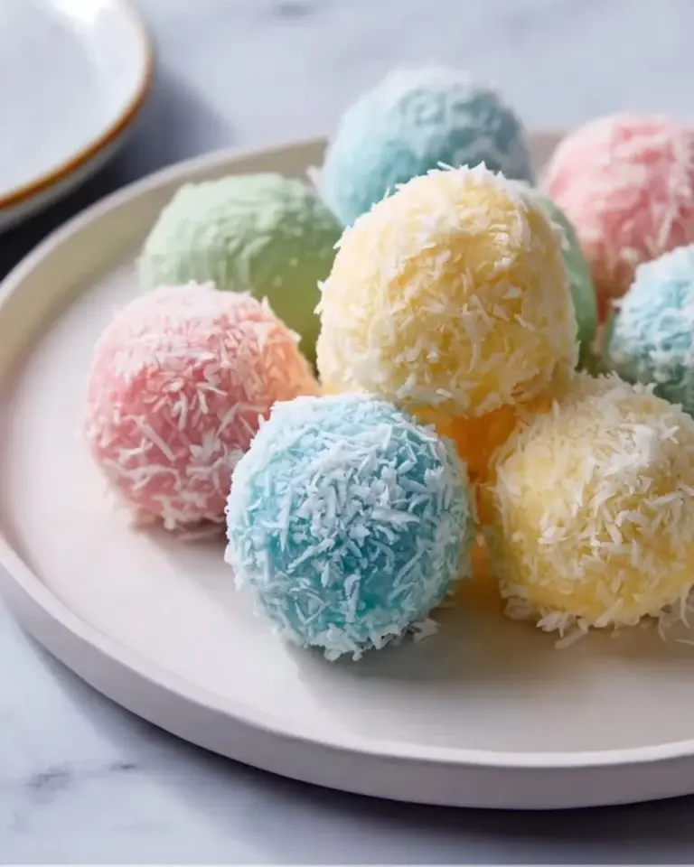 Easter Bunny Coconut Tails dessert featuring coconut and chocolate decorations