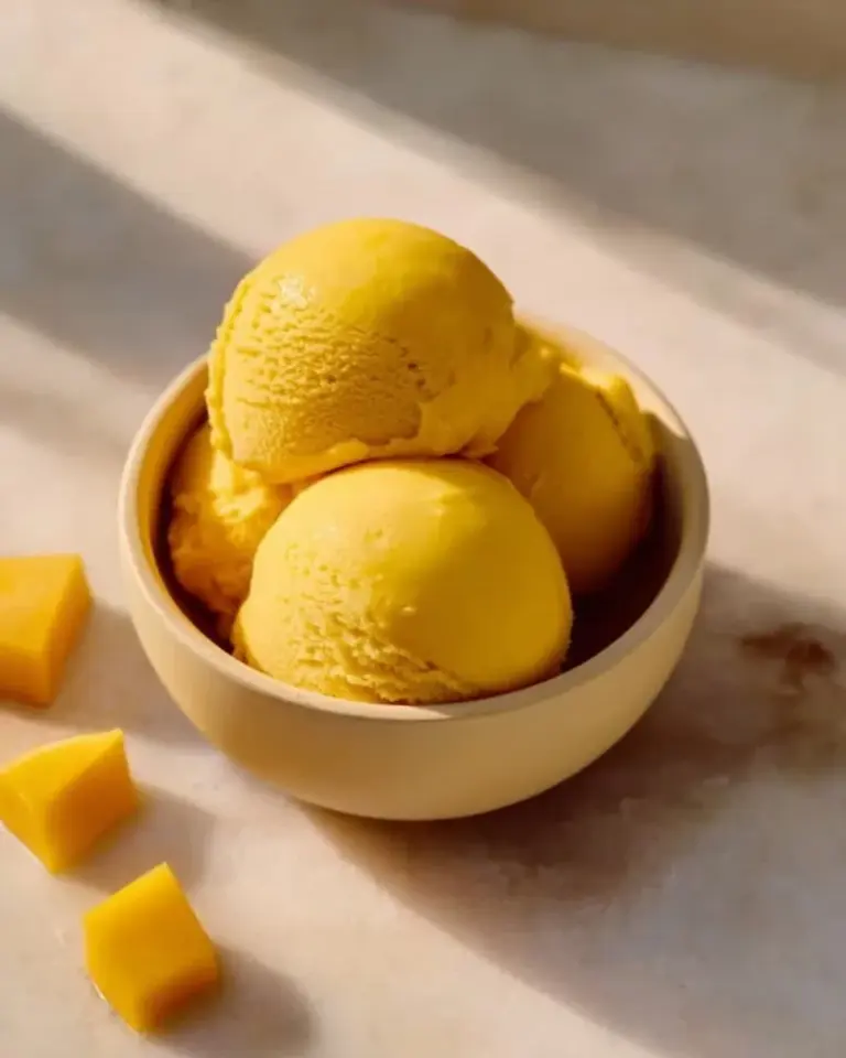 Delicious bowl of easy homemade mango ice cream topped with fresh mango slices.