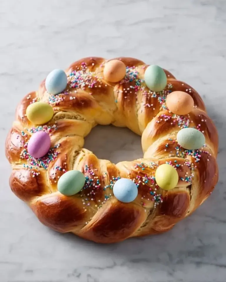 Homemade Easy Sweet Italian Easter Bread with colorful egg toppings.