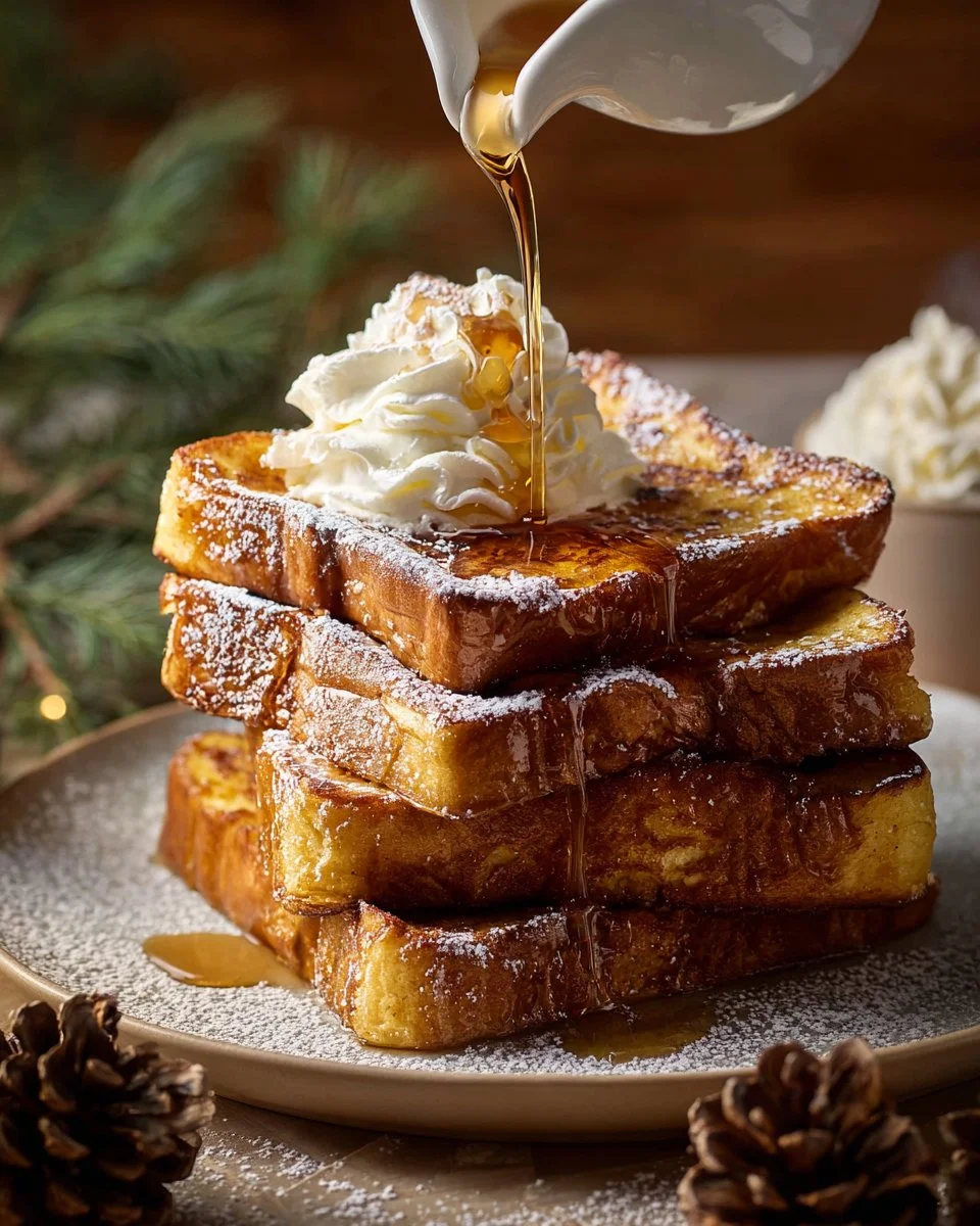 Delicious Eggnog French Toast topped with maple syrup and powdered sugar