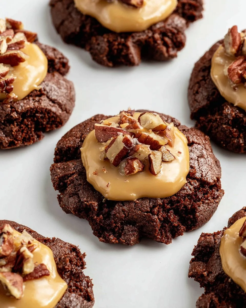 Freshly baked German chocolate cookies with chocolate and coconut toppings