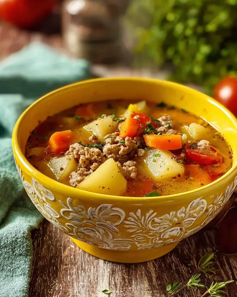 Delicious ground turkey and potato soup in a bowl, garnished with fresh herbs.