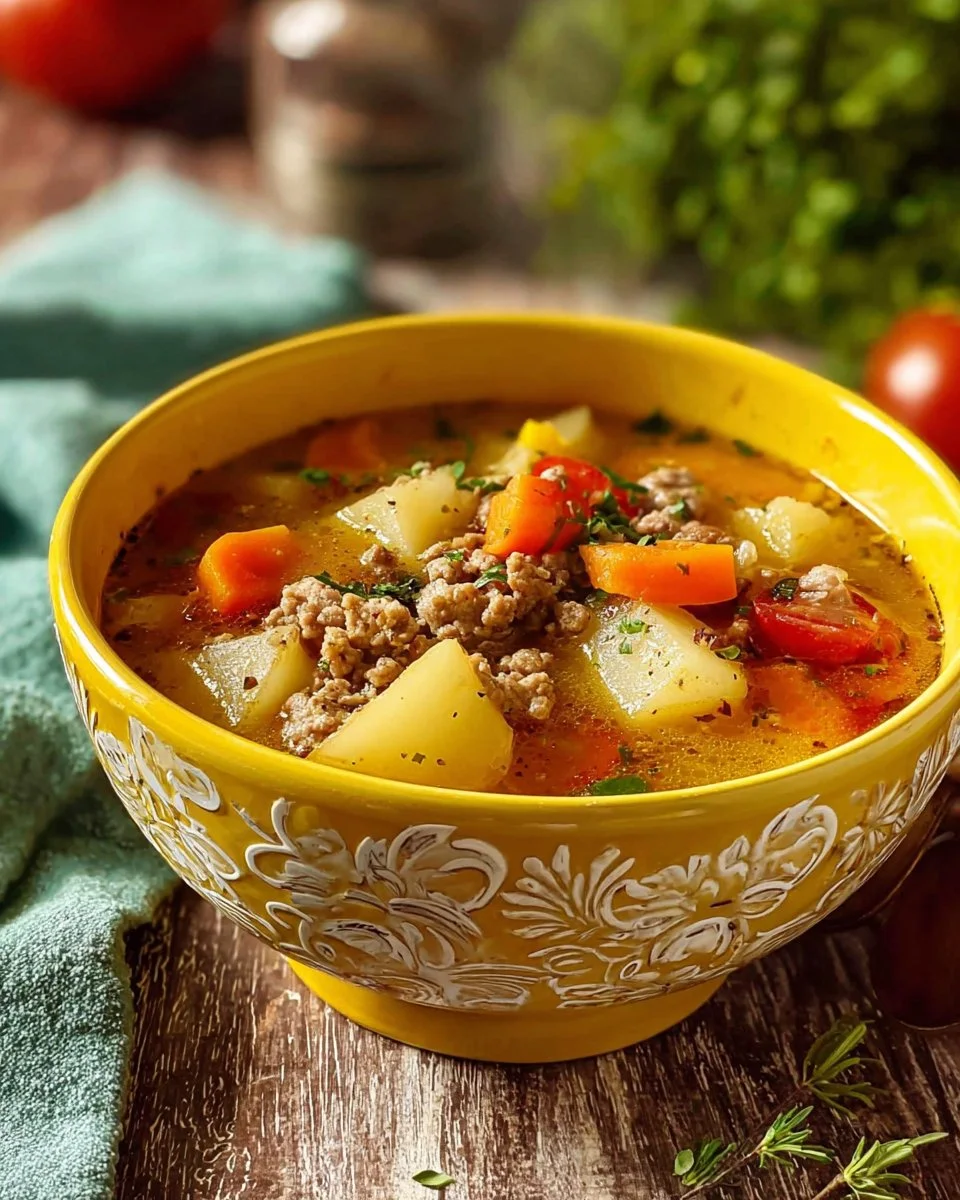 Delicious ground turkey and potato soup in a bowl, garnished with fresh herbs.