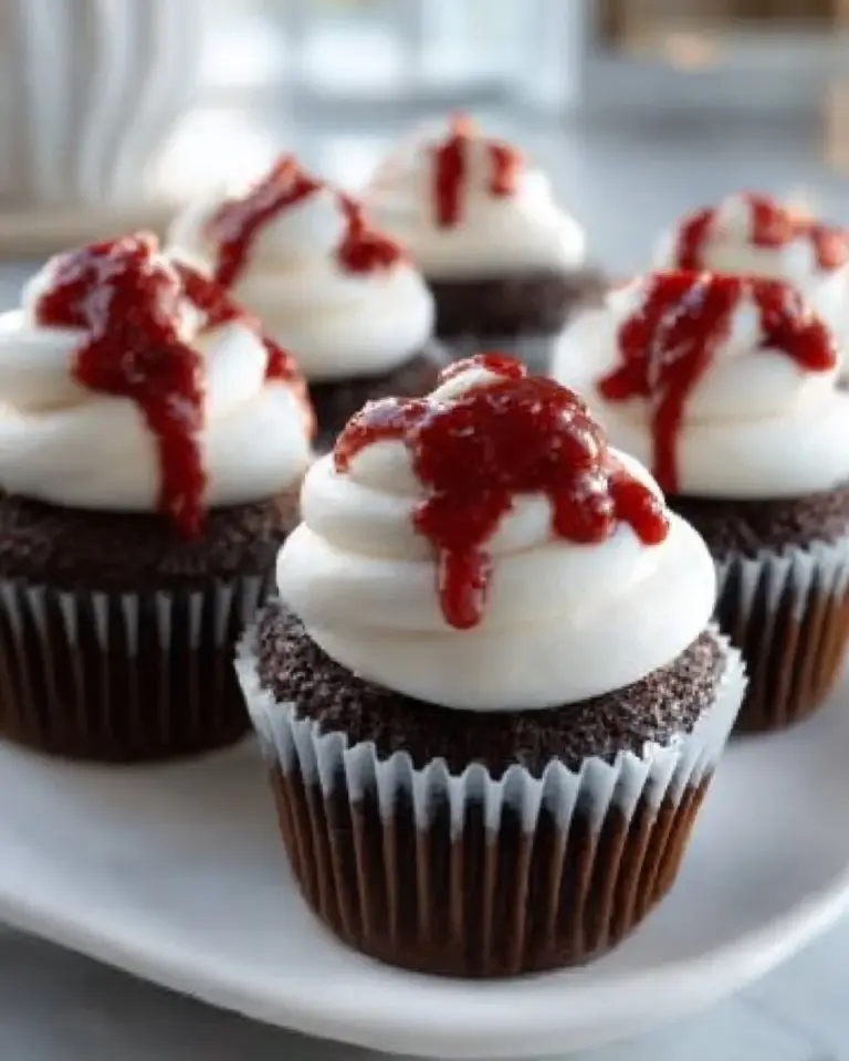 Delicious Halloween vampire bite cupcakes with red icing and chocolate details