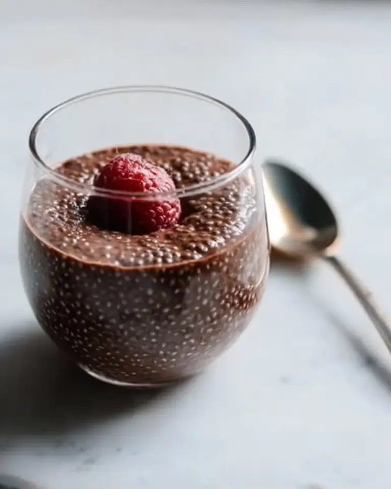 Healthy chocolate chia pudding in a bowl, topped with fresh fruits and nuts
