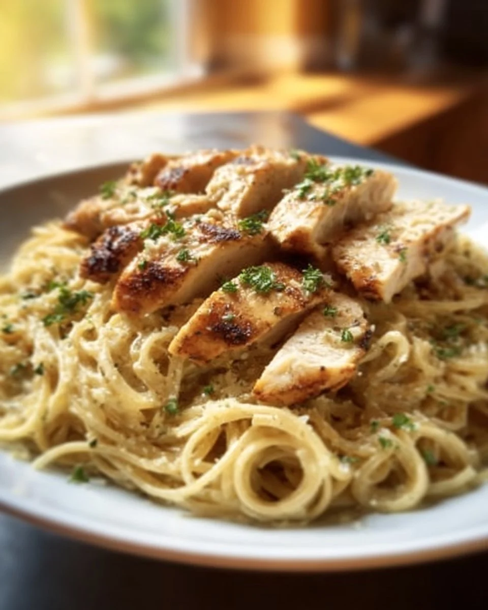 Healthy Garlic Parmesan Chicken Pasta served with fresh herbs