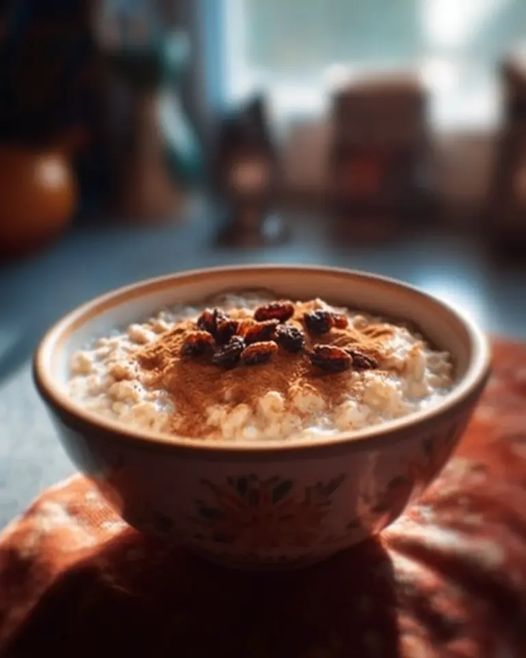 Delicious healthy rice pudding served in a bowl with toppings.