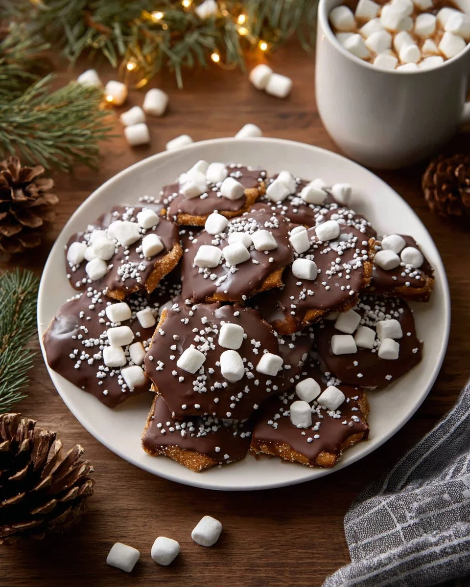 Delicious Hot Cocoa Christmas Crack served on a festive platter