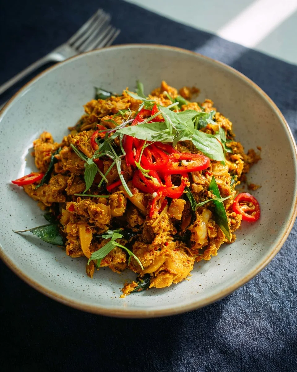 Spicy hot Thai tuna dish served with fresh herbs and vegetables.