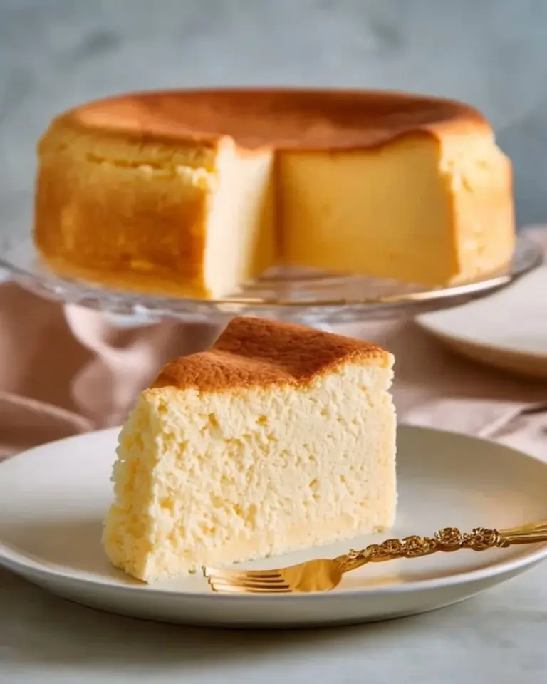 A slice of fluffy Japanese Cheesecake topped with powdered sugar.