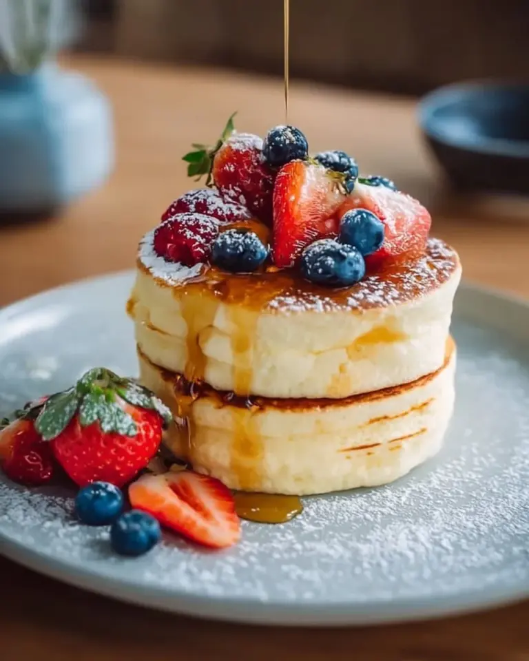 Stack of airy Japanese fluffy pancakes topped with syrup and berries