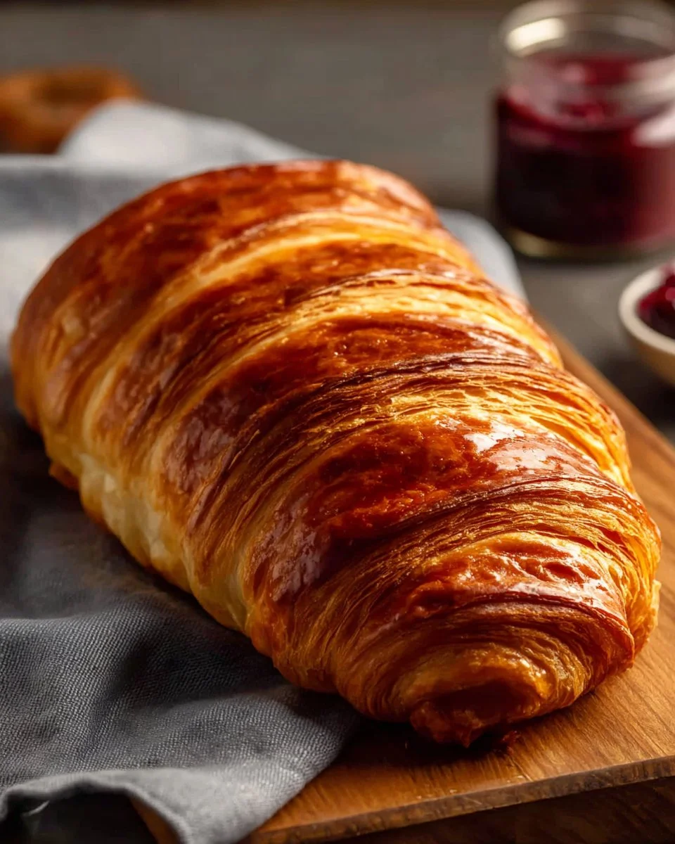 Freshly baked laminated bread showcasing flaky layers and golden crust.