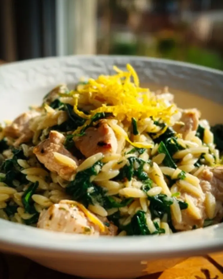 Delicious Lemon Chicken Orzo Pasta served in a bowl with fresh herbs