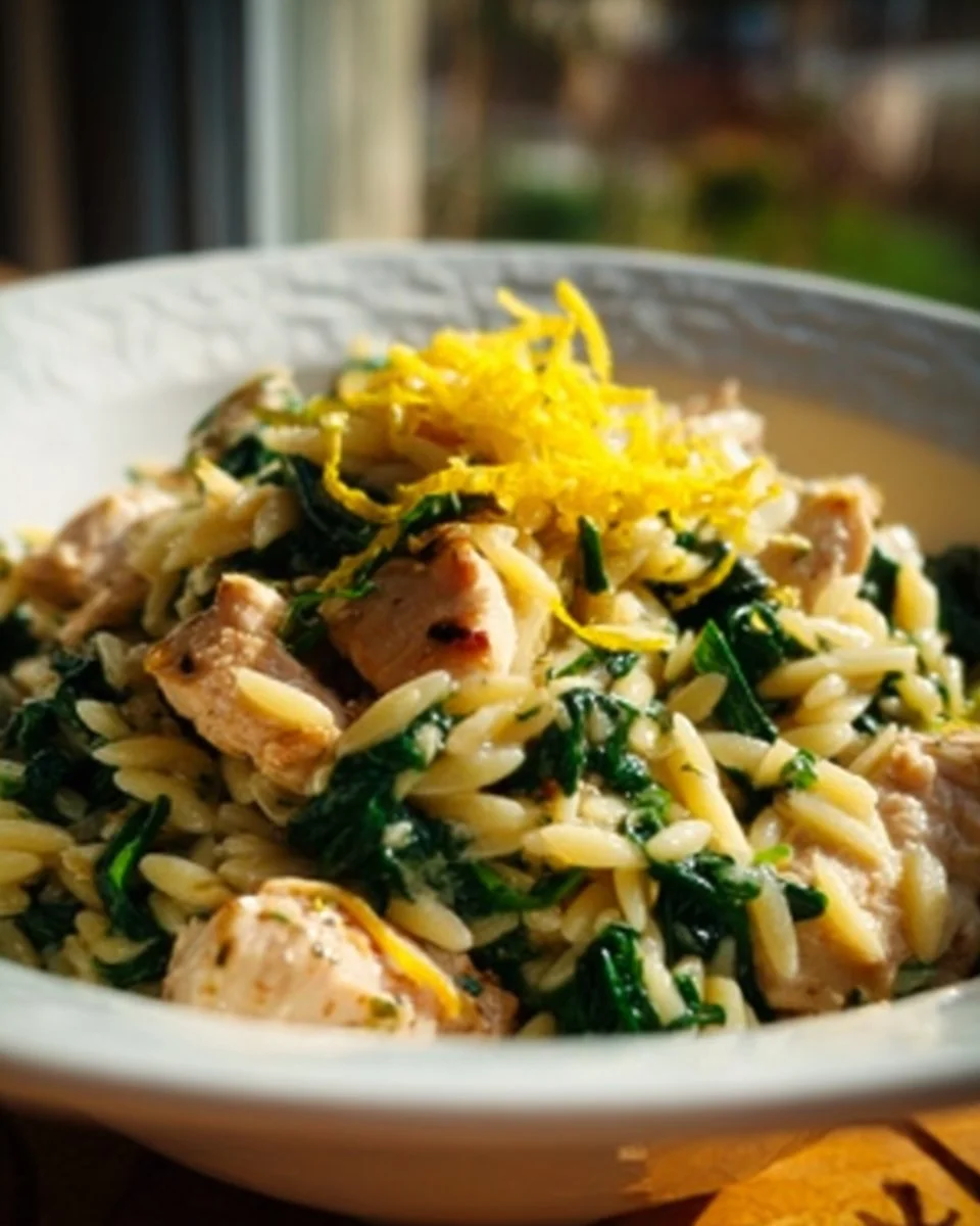 Delicious Lemon Chicken Orzo Pasta served in a bowl with fresh herbs