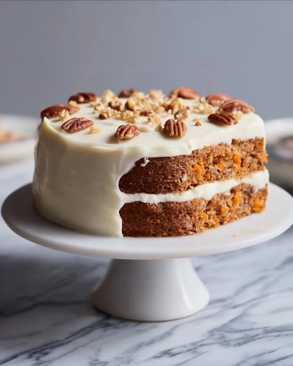 Slice of low carb carrot cake topped with cream cheese frosting on a plate