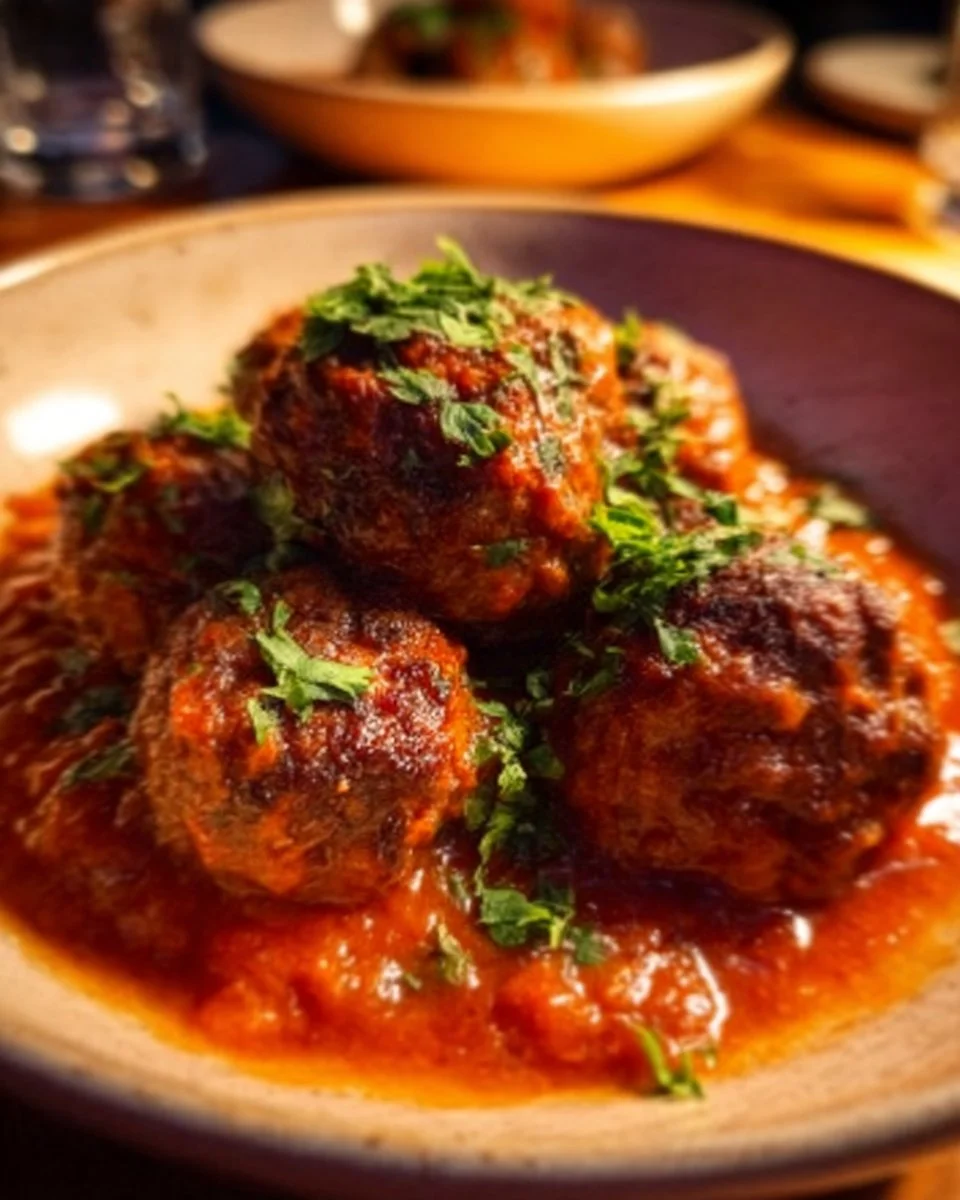 Delicious melt-in-your-mouth Italian meatballs on a plate with herbs.