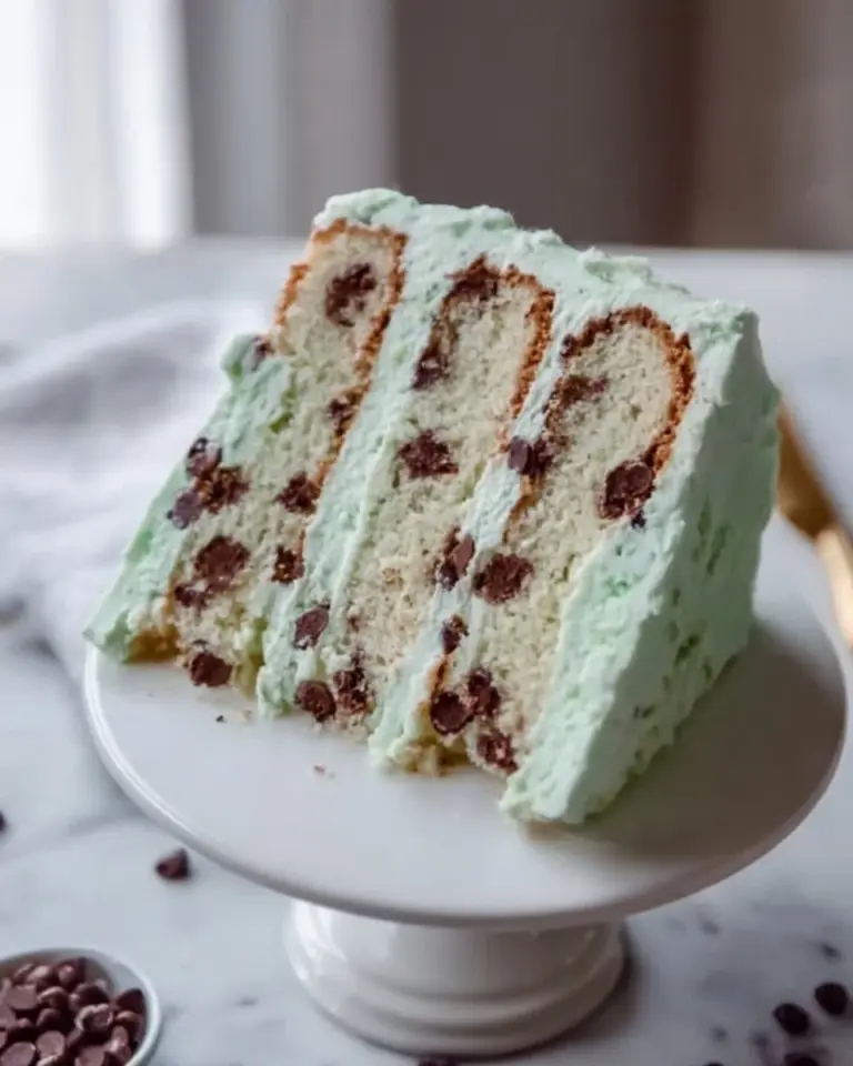 Mint Chocolate Chip Cake with frosting and chocolate chips on a decorative plate