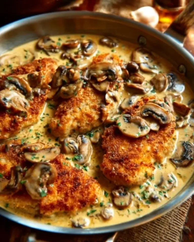 Delicious Mushroom Asiago Chicken dish garnished with herbs and served on a plate
