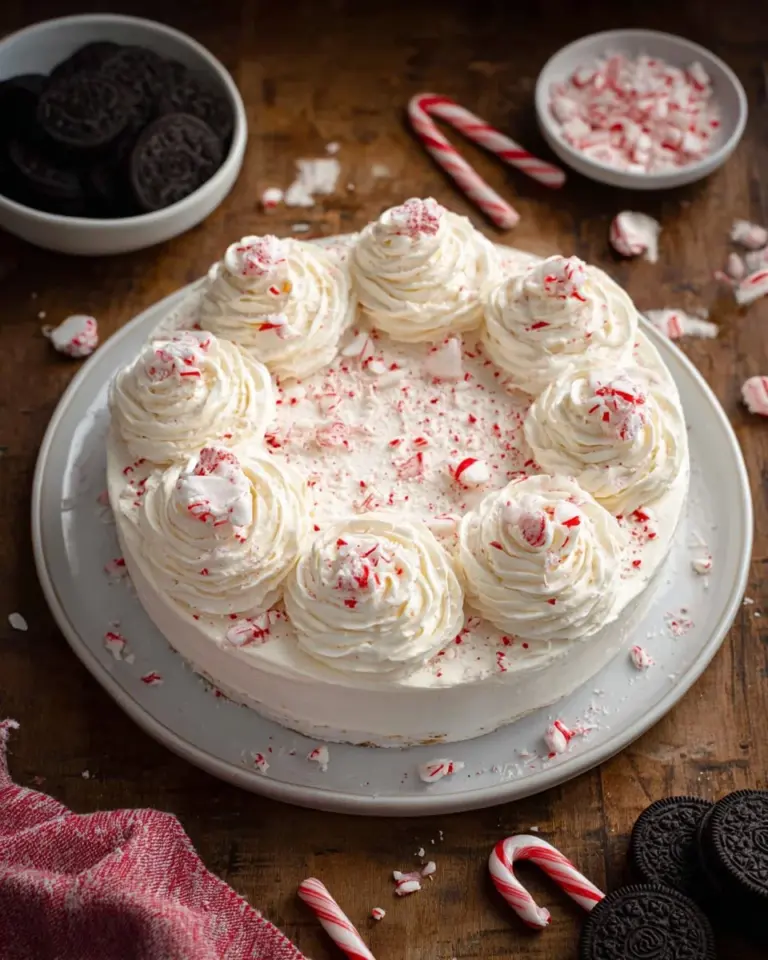 Delicious No Bake Peppermint Cheesecake topped with festive decorations
