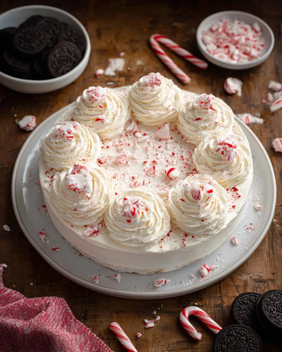 Delicious No Bake Peppermint Cheesecake topped with festive decorations