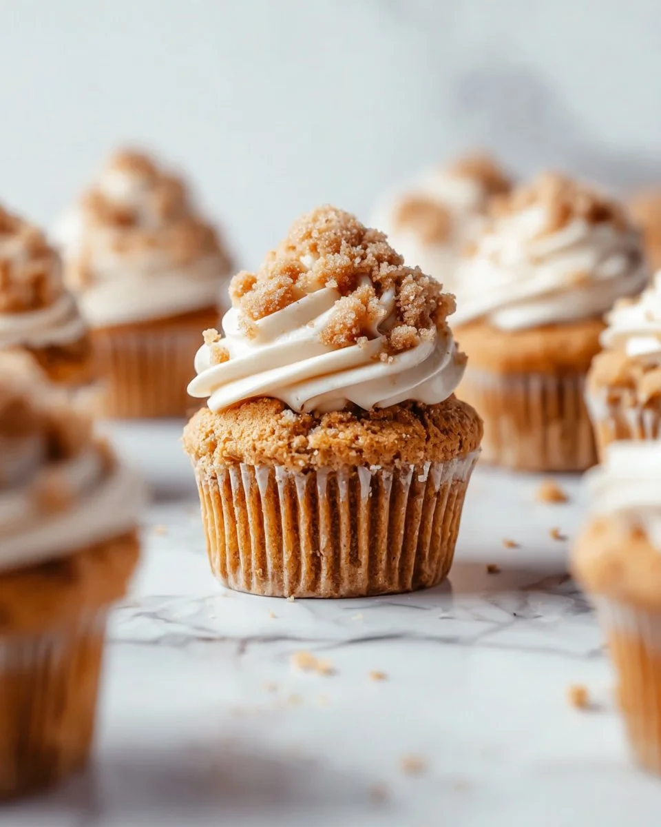 Pumpkin crumb cake muffins with a golden crumb topping on a rustic plate.