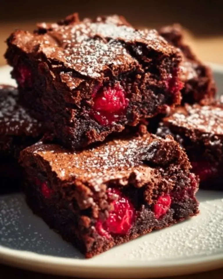 Decadent Raspberry Swirl Brownies topped with fresh raspberries