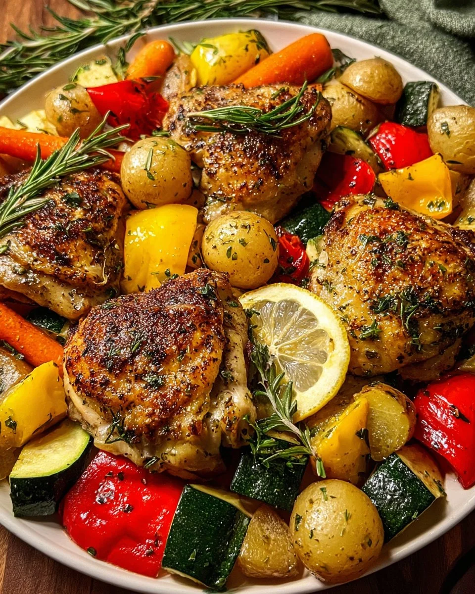 Sheet Pan Lemon Herb Chicken with colorful vegetables on a baking sheet