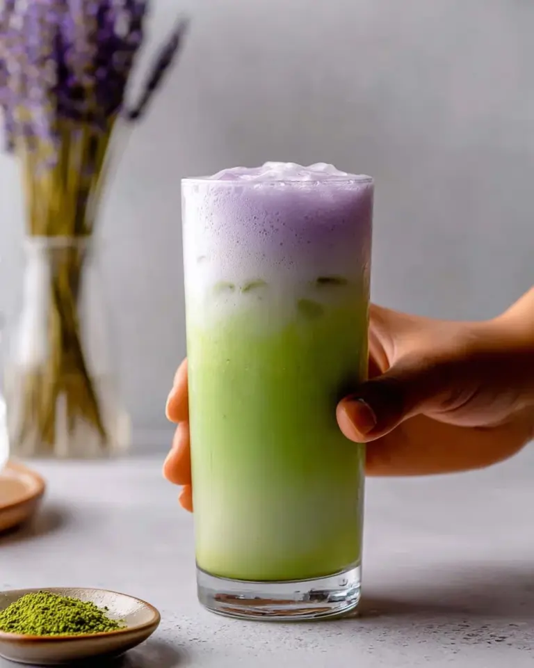 Simple matcha latte recipe with lavender cold foam for a delightful drink.