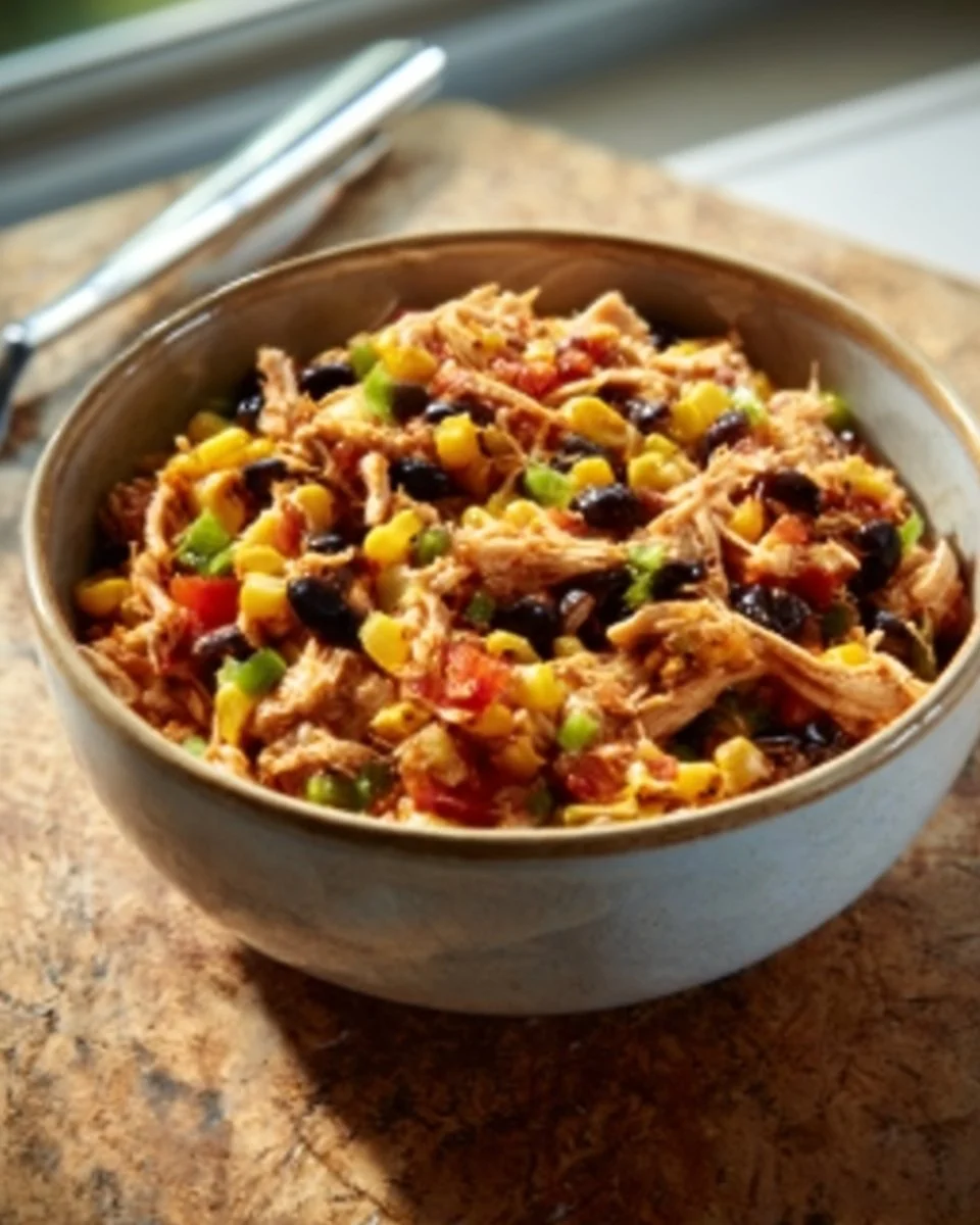 Slow Cooker Fiesta Chicken served in a bowl with vibrant toppings and spices.