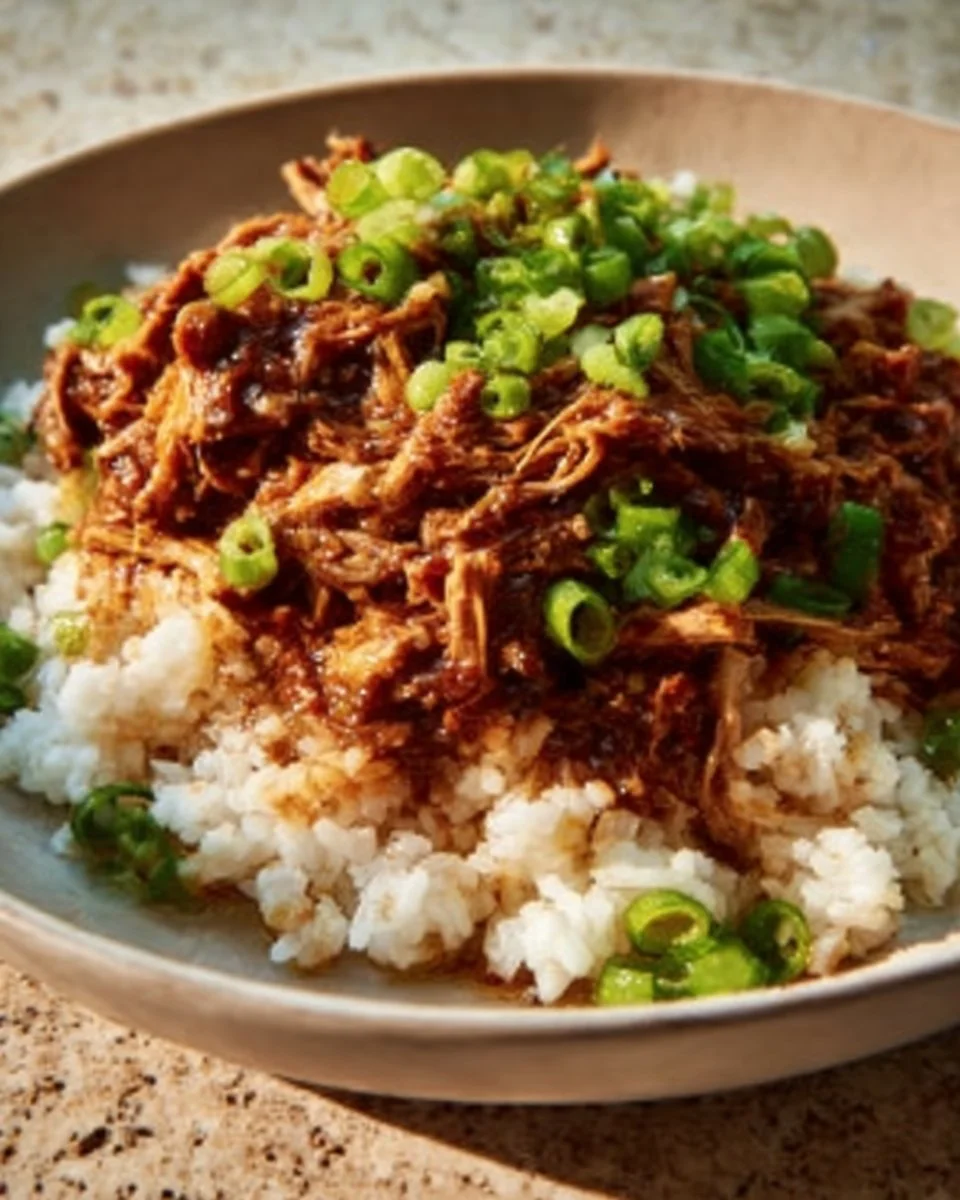 Slow Cooker Teriyaki Chicken served on a plate with garnish